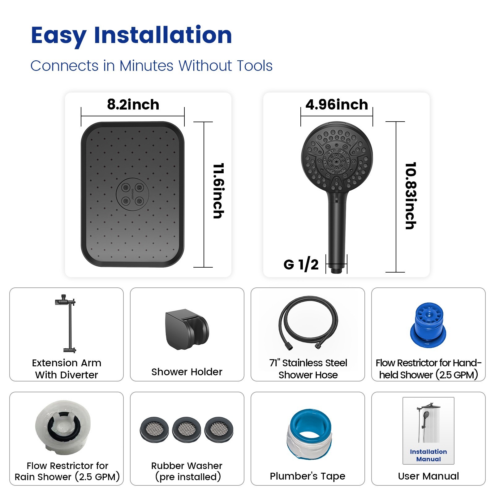 JOMOO Filtered High Pressure Shower Head Combo 10 Spray 12" Rainfall