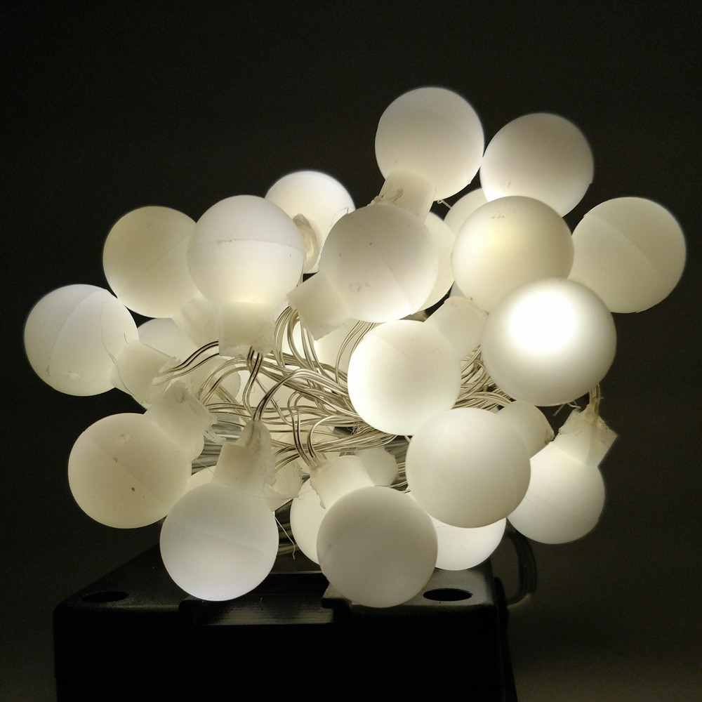 Solar Powered White Ball String Lights - 30 LED Warm White, 8 Modes