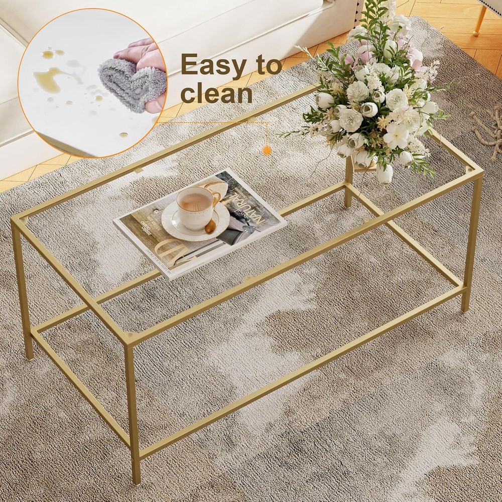 Glass coffee table, modern rectangular gold coffee table for living room