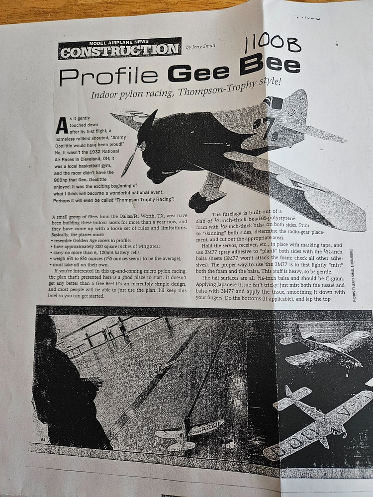GEE BEE PLAN + CONSTRUCTION ARTICLE to Build a PROFILE  34"  Model Airplane