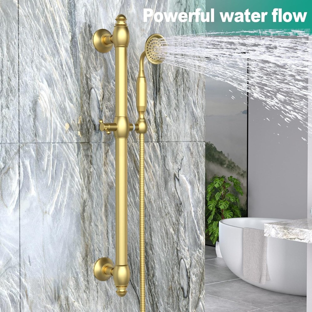 Brass Shower Slide Bar with Handheld Head, Adjustable Brushed Gold