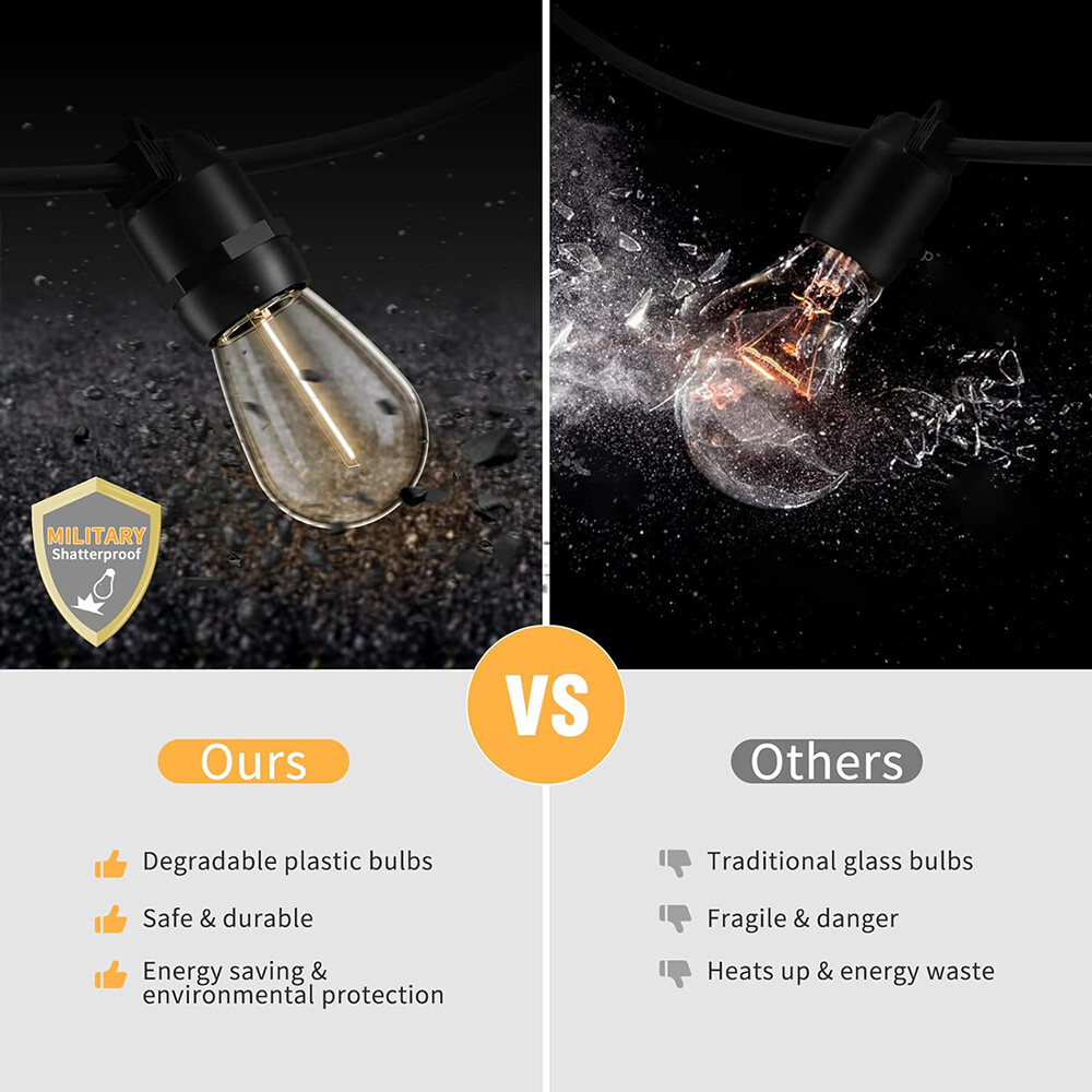 48FT LED Outdoor String Lights Shatterproof Bulbs Commercial Patio Party Garden