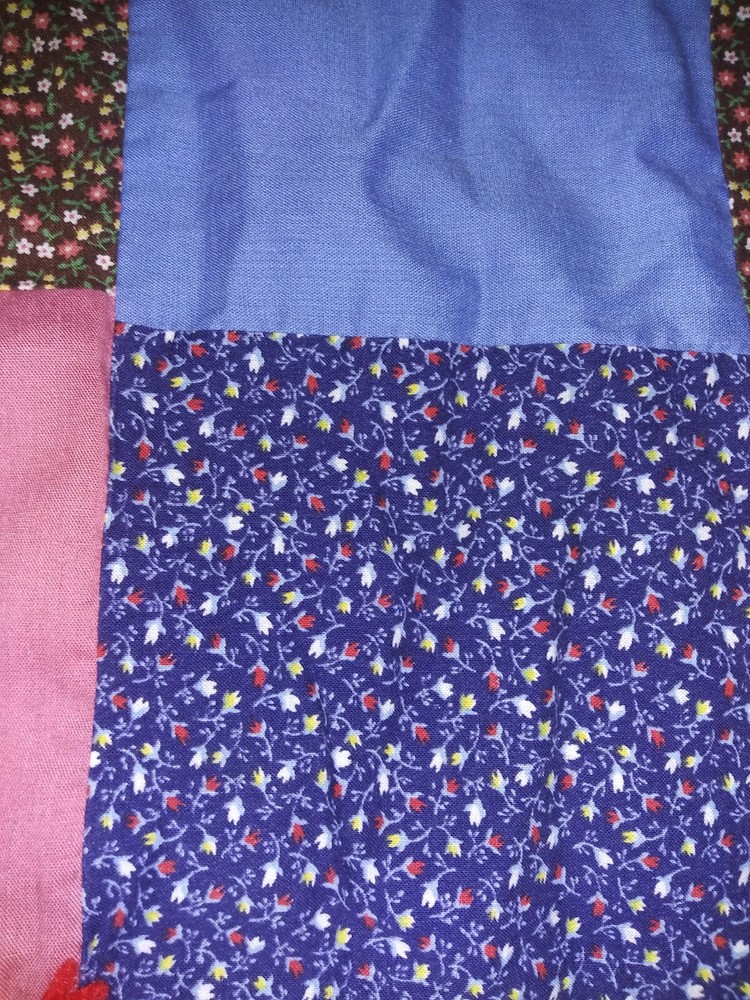 Handmade Tied Light Patchwork Quilt Floral & Solid Squares 74" X 52"