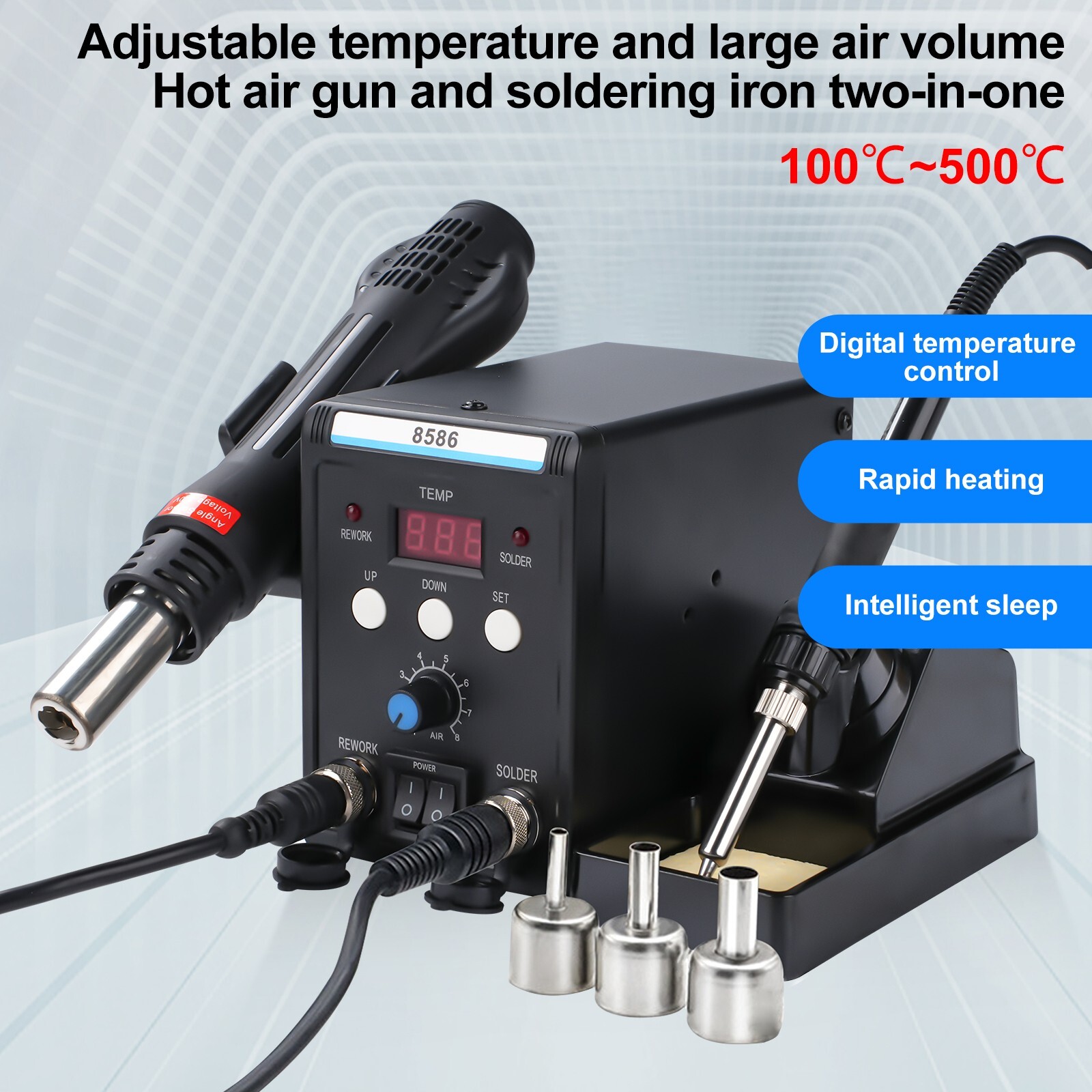 2-in-1 Rework Soldering Station 8586 Hot Air Gun Solder Iron Repair Tool 110V US