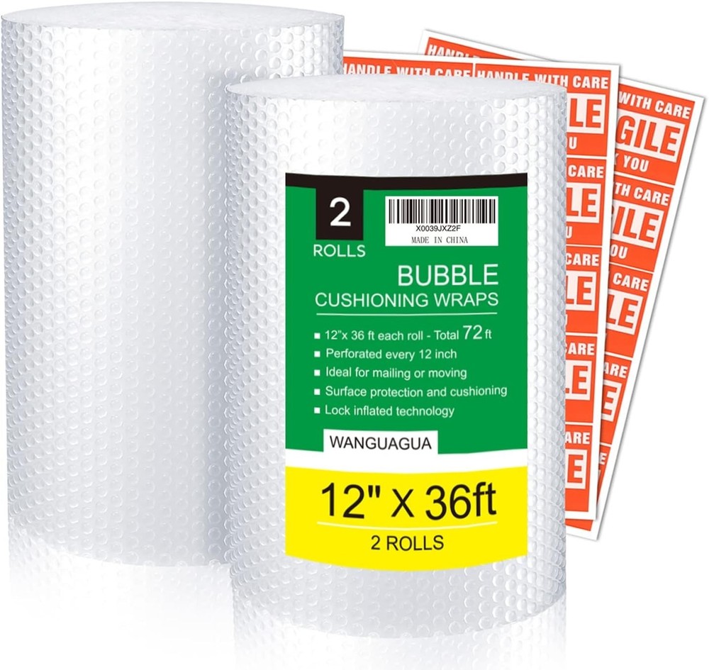 2 Pack Nylon Bubble Packing Wrap, Clear, 12in x 36ft, Reusable