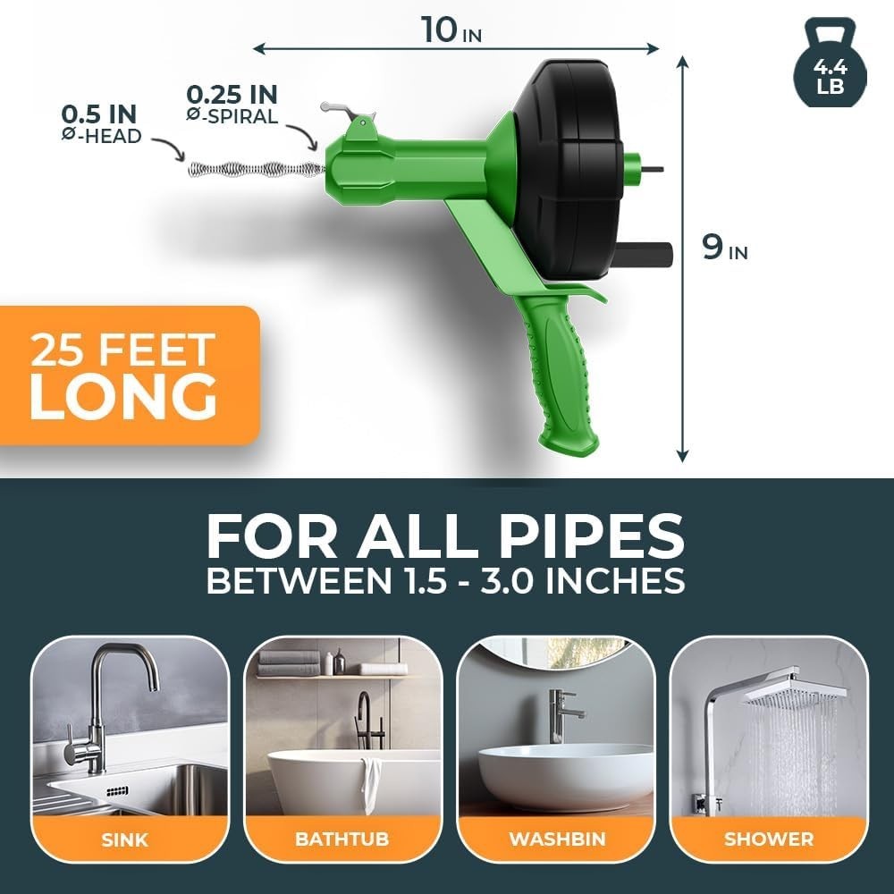 25FT Professional Drain Cleaning Snake - Fast, Eco-Friendly Unblocking Solution
