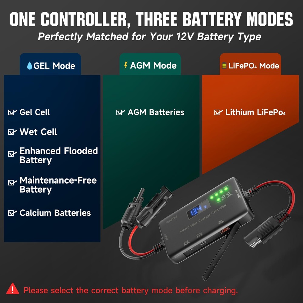 MPPT Solar Charge Controller 12V 10A, Solar Panel Charge Controller with Type...