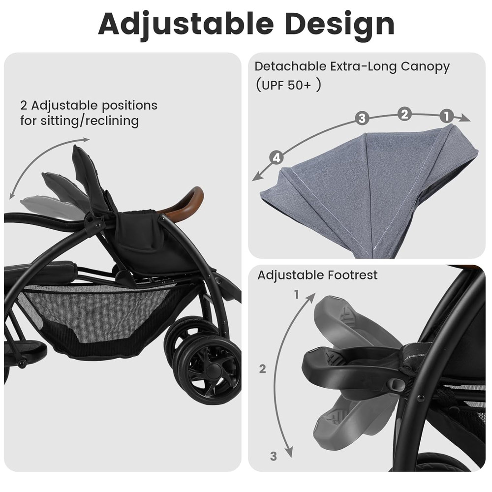 Versatile Sit and Stand Double Stroller with Reclining Backrest & Storage Basket