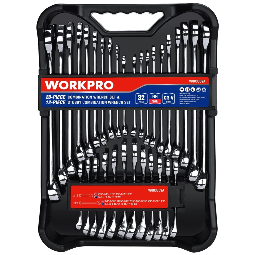 WORKPRO 32PC SAE&Metric Combination Wrench Set 12 PT Regular Wrenches set w/Tray