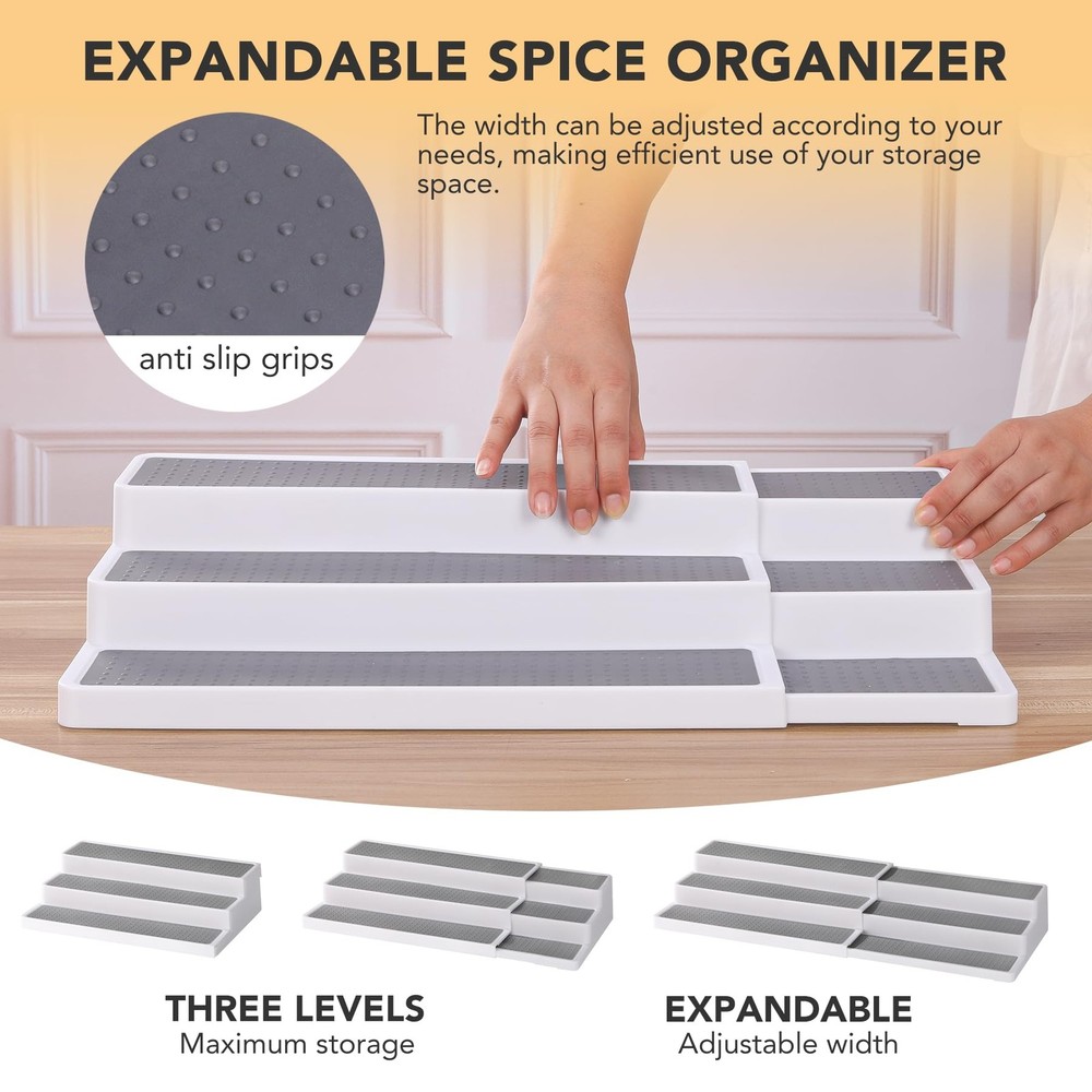 3 Tier Expandable Spice Rack Organizer, Plastic Spice Rack, Adjustable Length...