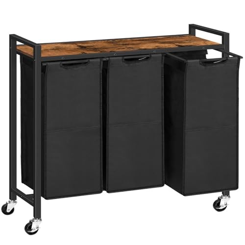 Laundry Sorter 3 Section, Laundry Hamper with Wheels, 3 × Rustic Brown + Black