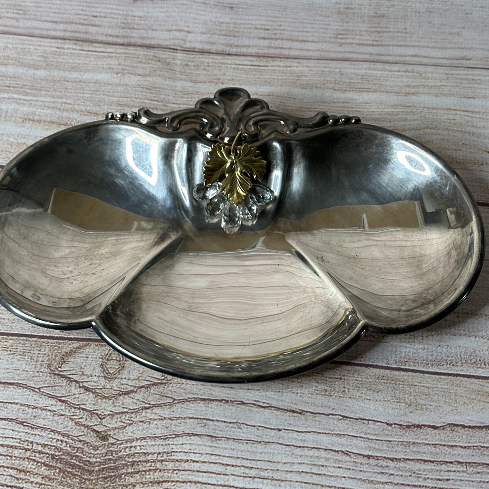 Vintage BO Italy Silverplate 3 Section Bonbon Dish Gold Leaf Crystal Grapes