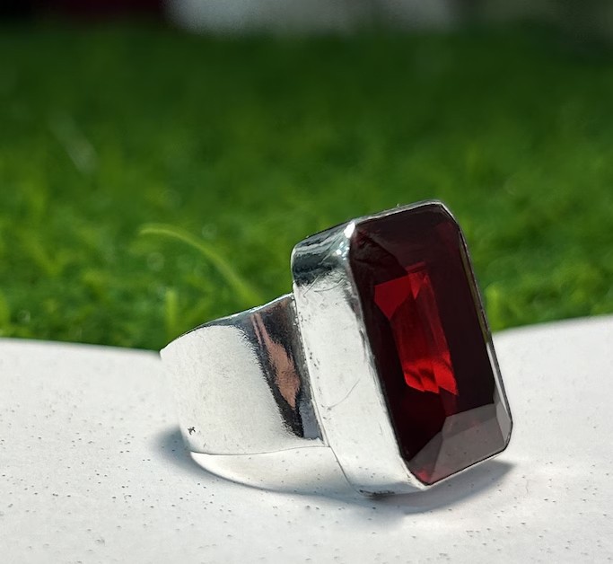 Solid 925 Sterling Silver Natural Red Garnet Emerald Cut Statement Handmade Ring