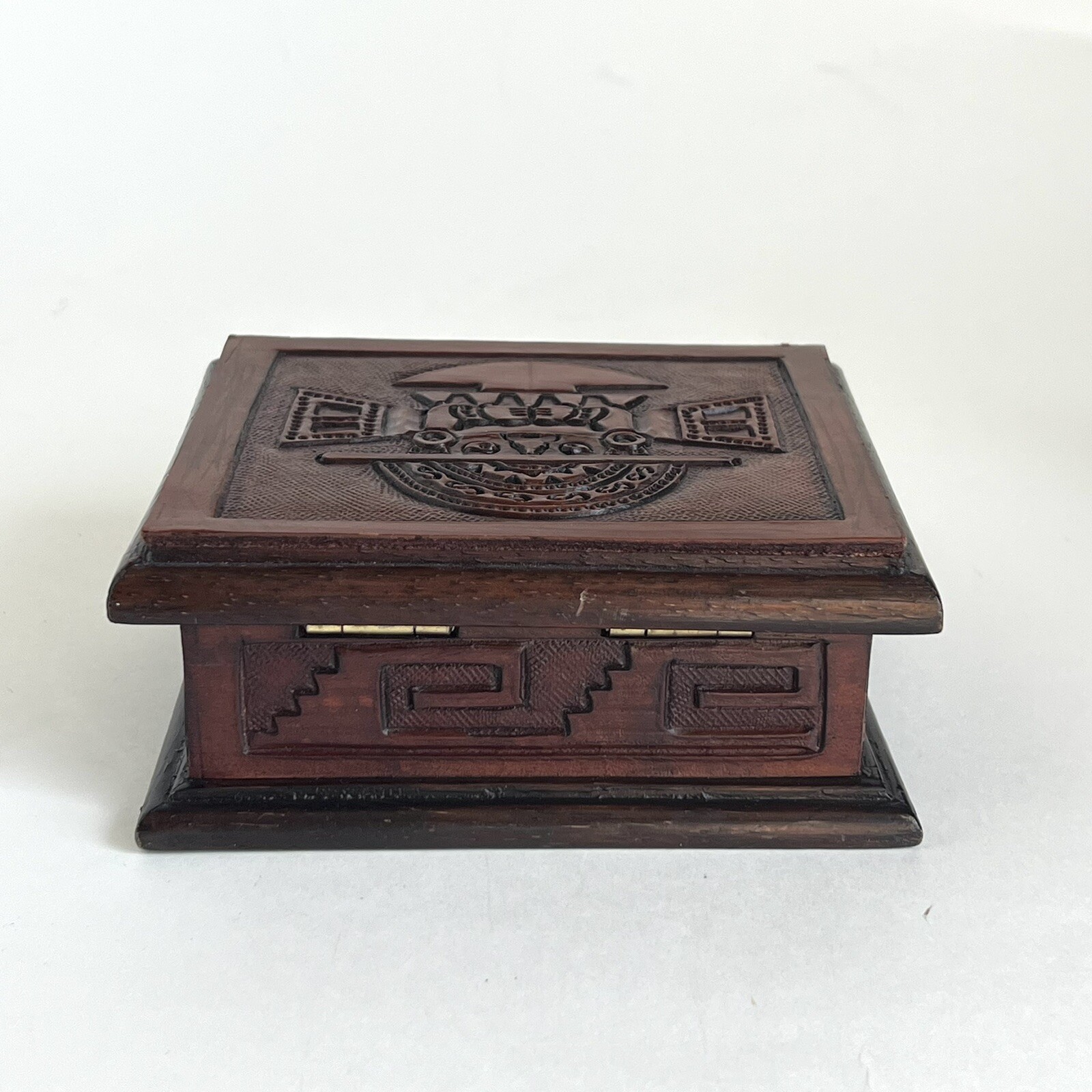 Engraved Wood Jewelry Trinket Box Peruvian Inca God of Creation With Mirror 5.5