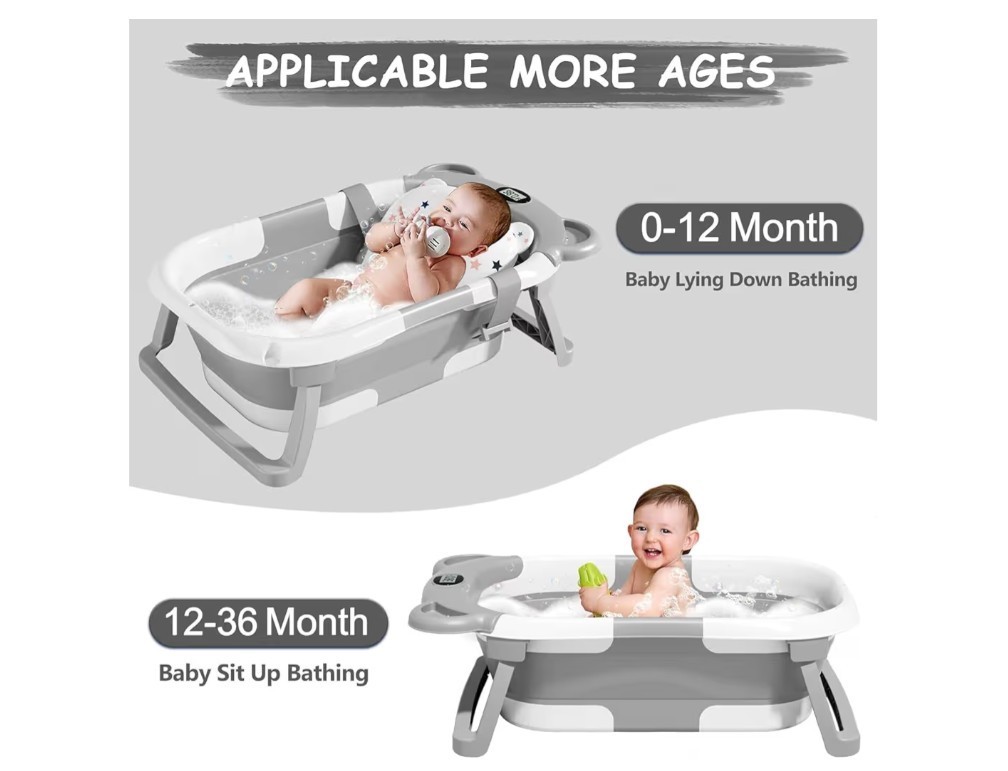 Foldable Portable Baby Bathtub With Thermometer 0-36 Months Grey New