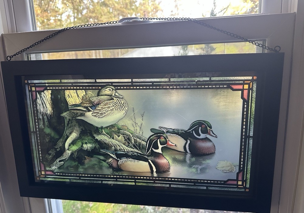 Hand Painted 13”X23”Hanging Window Panel w 3 Mallards BEAUTIFUL!