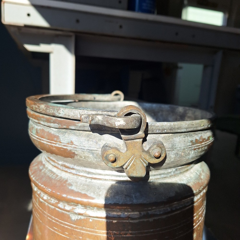 Antique Hand Hammered Copper Pot Kettle Container Vessel With Hanging Handle