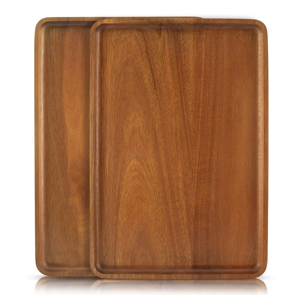 2 PCS Solid Acacia Wood Serving Trays Rectangular Wooden Serving Platters Nat...