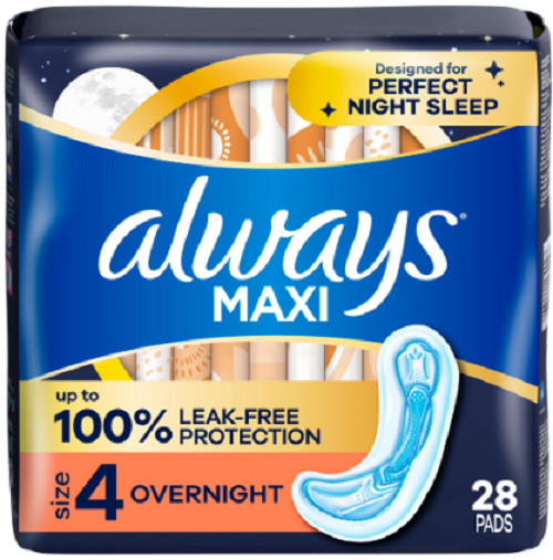 Always Maxi Pads without Wings, Size 4, Overnight Absorbency, 28 count