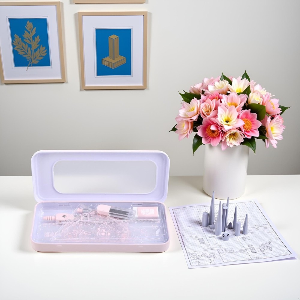 7Pcs Pink Compass Protractor Set with Portable Box Geometry Drafting Tools Se...