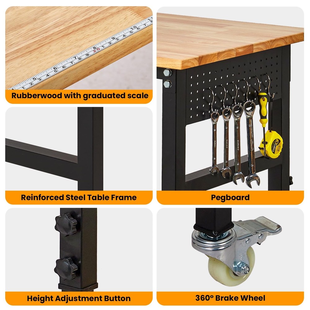 48" Adjustable Workbench w/ Wheels & Pegboard, Work Table for Garage, Workshop