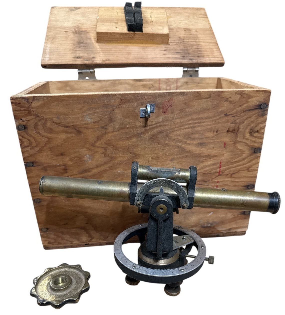 VINTAGE CWO BRASS SURVEY TRANSIT w/ WOODEN CASE