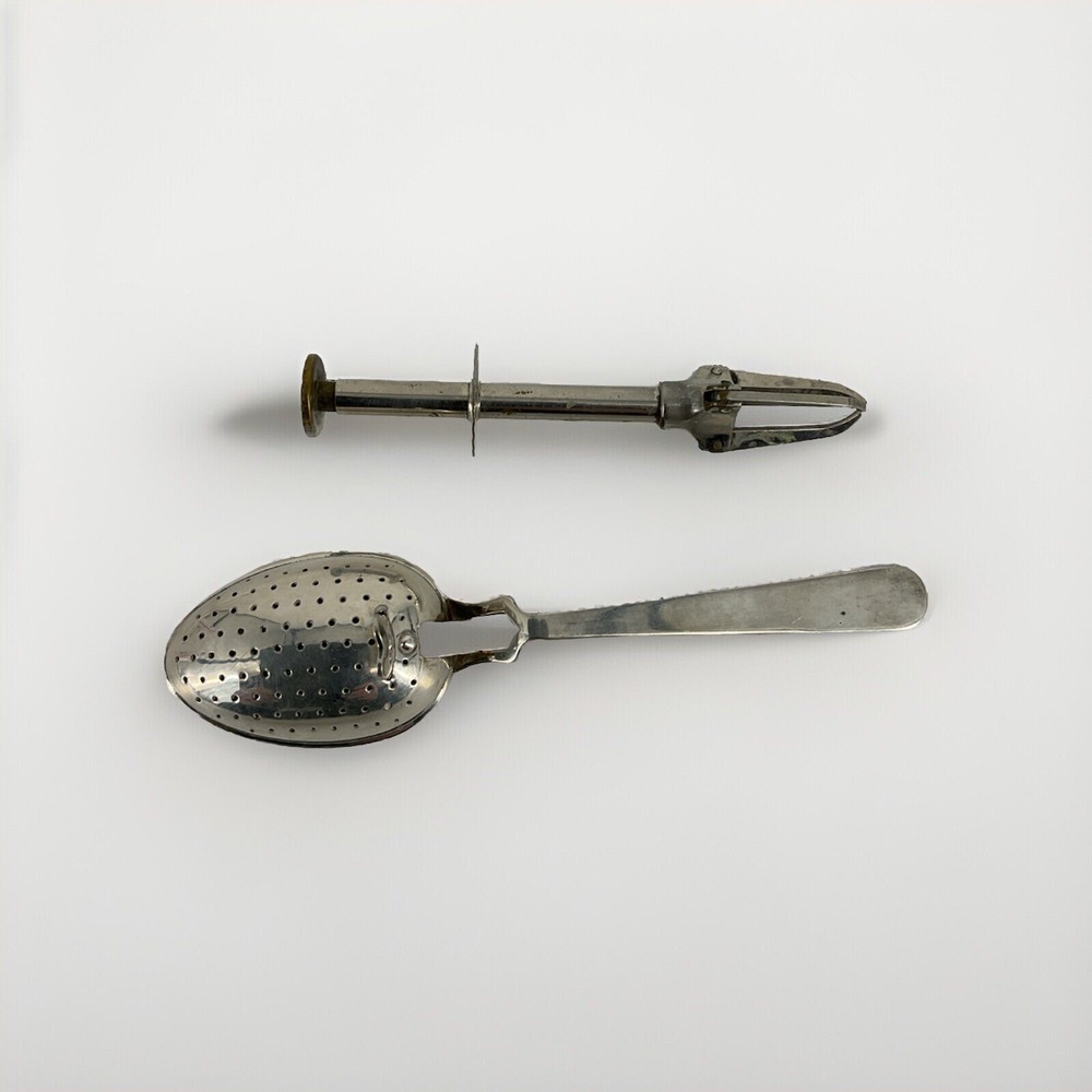 2 PACK Vintage E.P.N.S. Tea Infuser & Sugar Cube Olive Mechanical Tongs