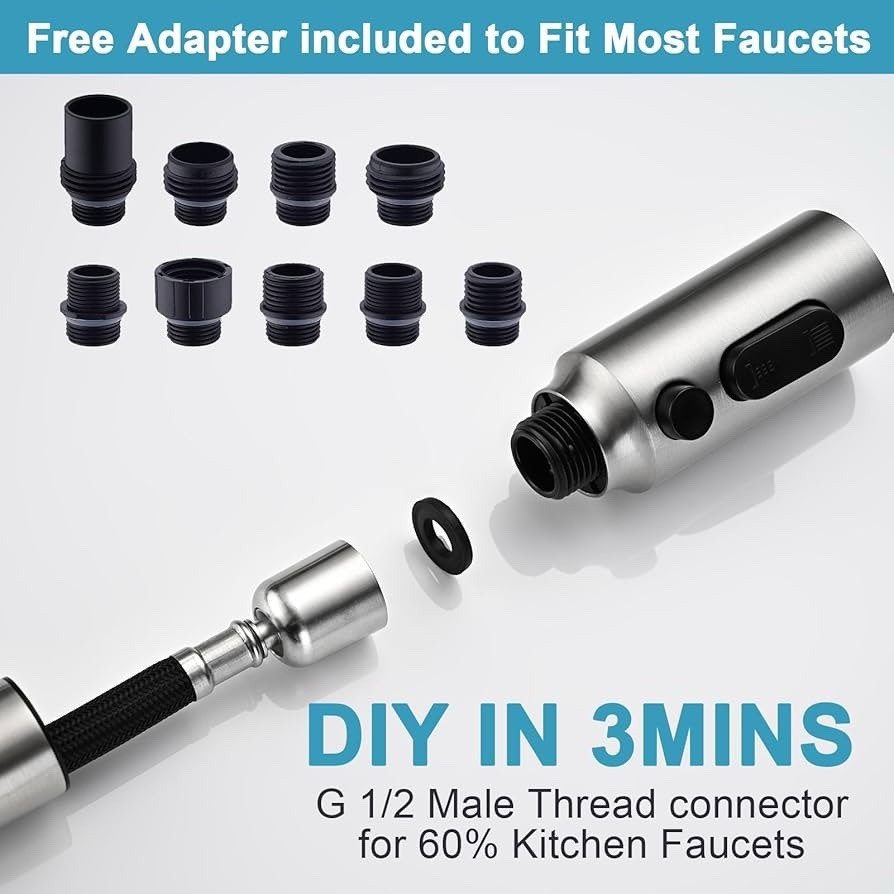 (LUH) Metal Kitchen Faucet Spray Head 3-Function Pull Down Brushed Nickel