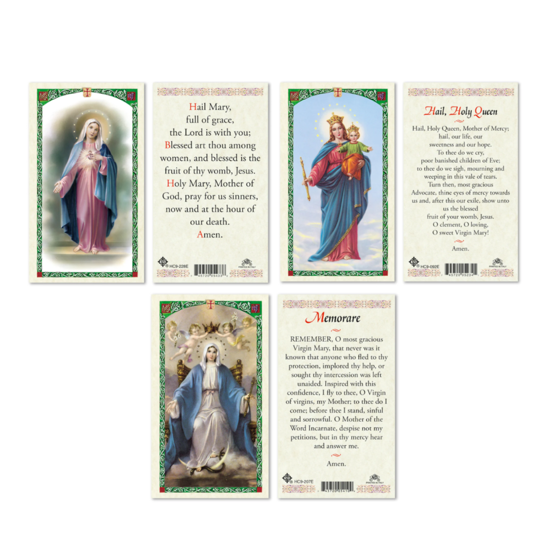 Laminated Hail Mary, Memorare, & Hail Holy Queen Prayer Card Set Marian Catholic