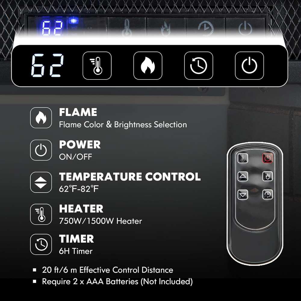 26" Electric Fireplace with Remote Control, Adjustable Flames & Timer