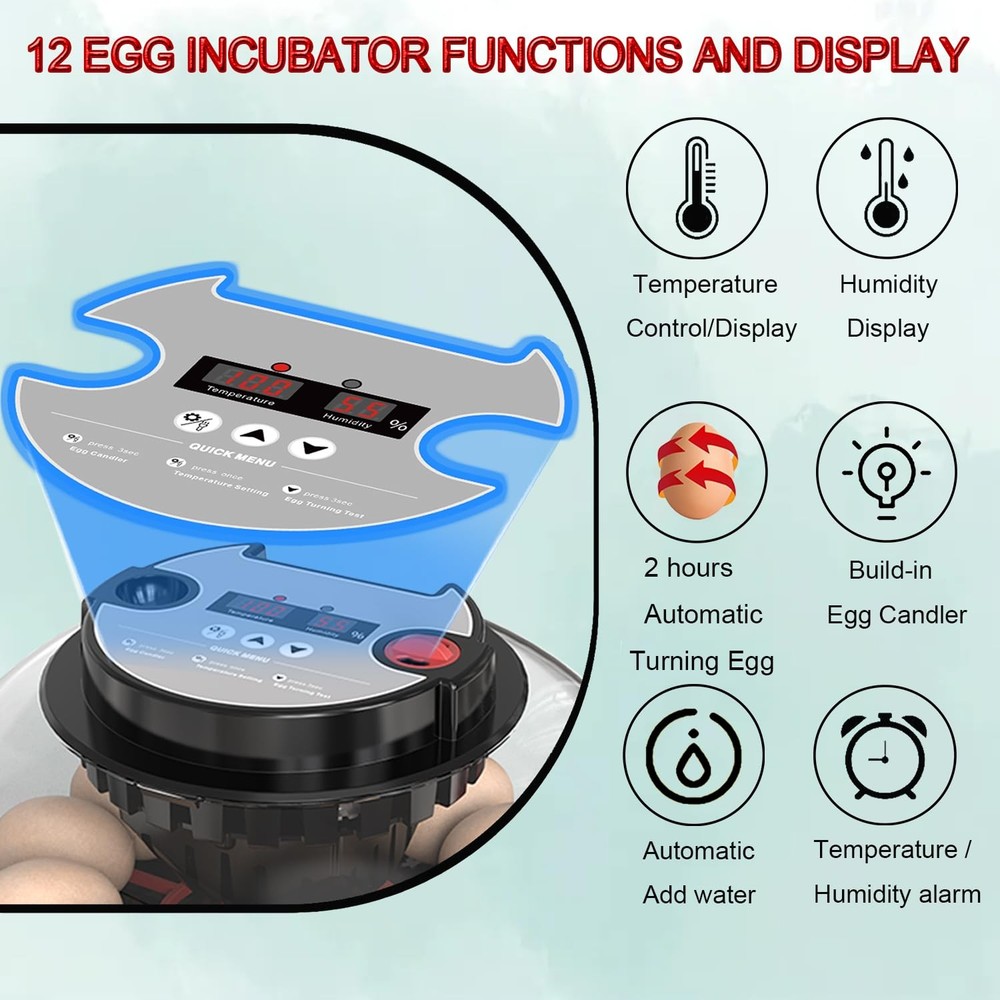 12 Egg Incubator Hatching Automatic Turning Humidity Control Chicken Duck