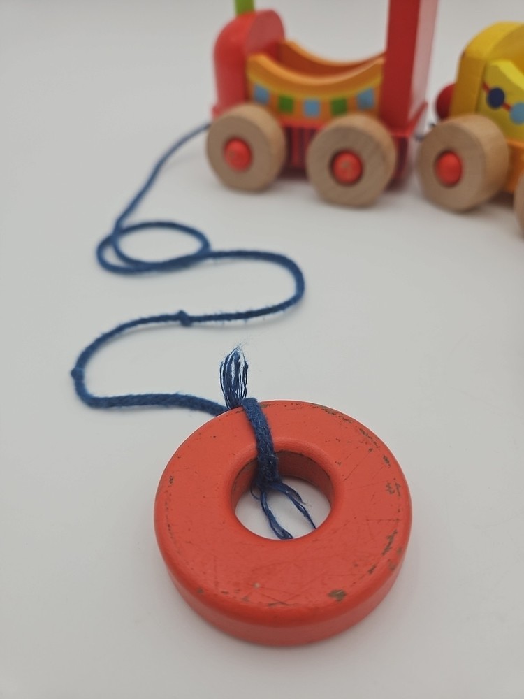 Goki Wooden Train Vintage With Pull String 3 Train Sections Red Yellow Blue 13"