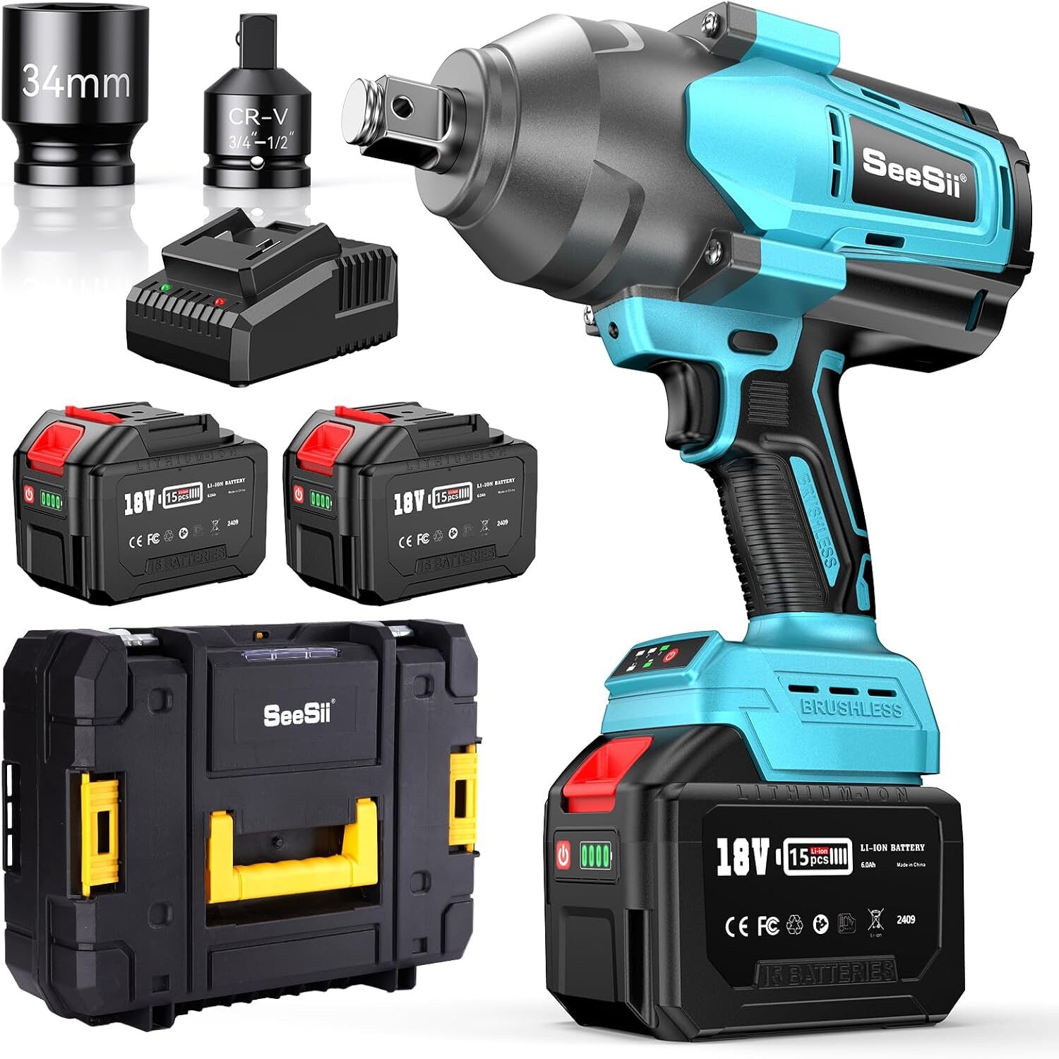 Impact Wrench Cordless 3/4" 2000Nm 1475ft-lbs Brushless Gun 1/2" 6000mAh+6000mAh