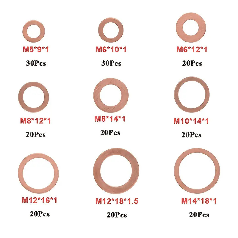 200 PCS Solid Copper Crush Washer Gasket Set Assortment Flat O-Ring Seal Kit