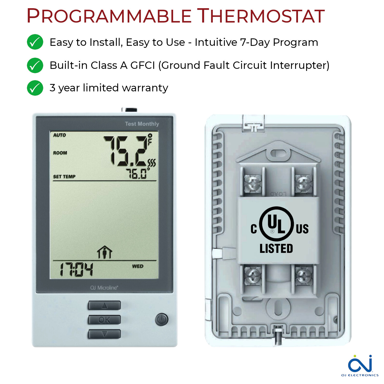 OJ Microline UDG-4999 Programmable Floor Heating Thermostat with Class A GFCI