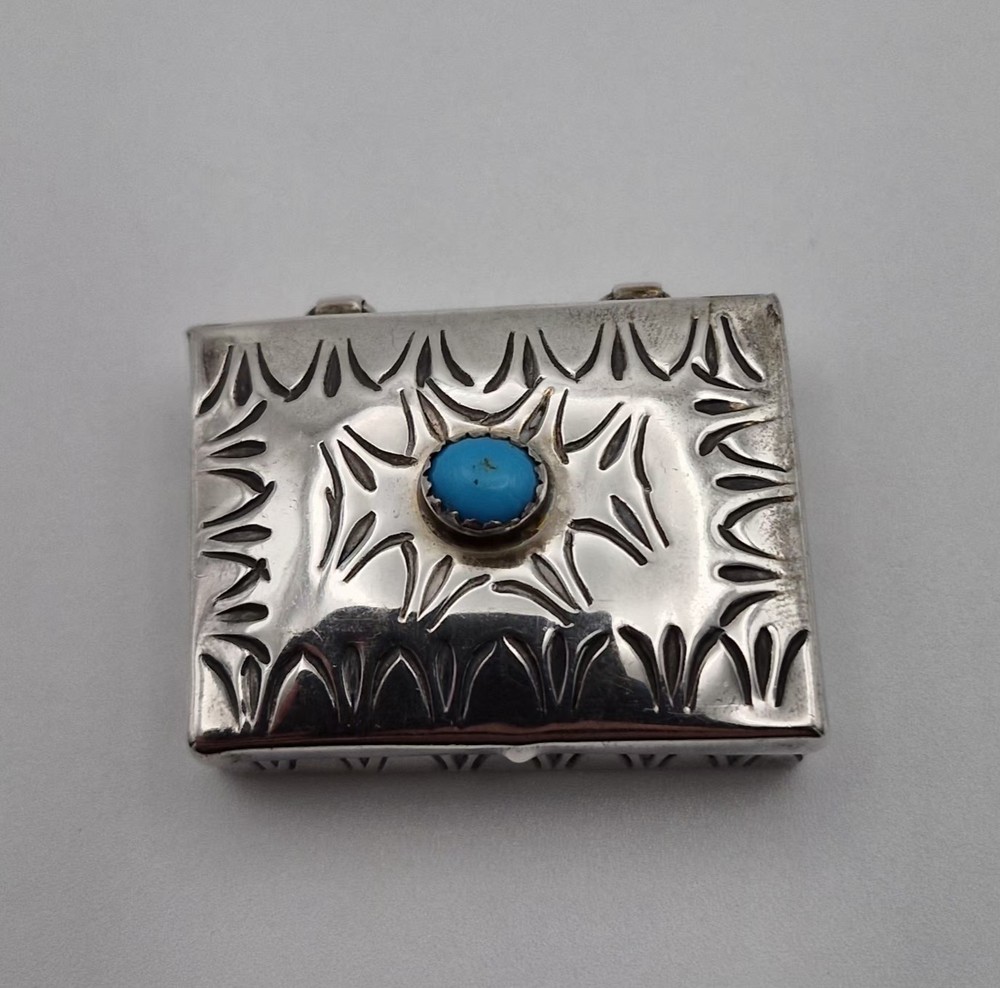 Vintage Sterling Silver Pill Box Rectangular Engraved Blue Turquoise 14.3g