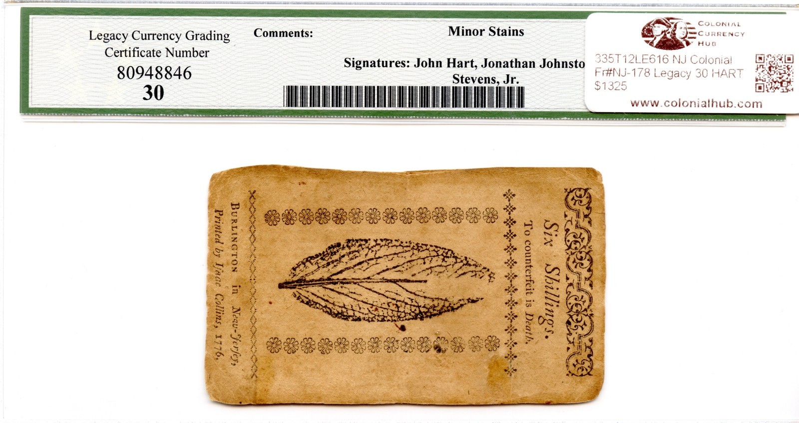 New Jersey Colonial Note Fr#NJ-178 March 25, 1776 6s Legacy VF-30 *John Hart Sig