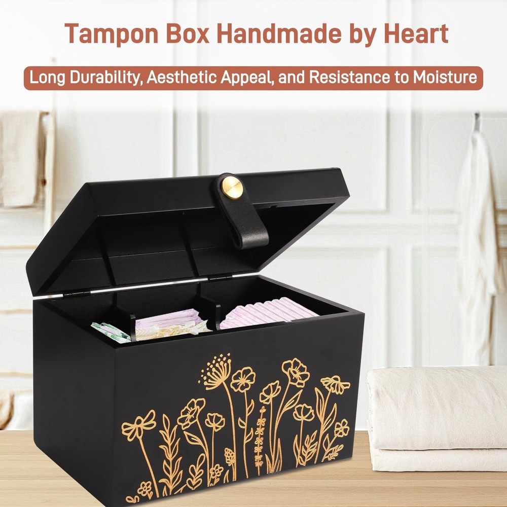 100% Solid Wood Tampon Holder with Lid, Copper Leather Pull, Absolute Real Wo...