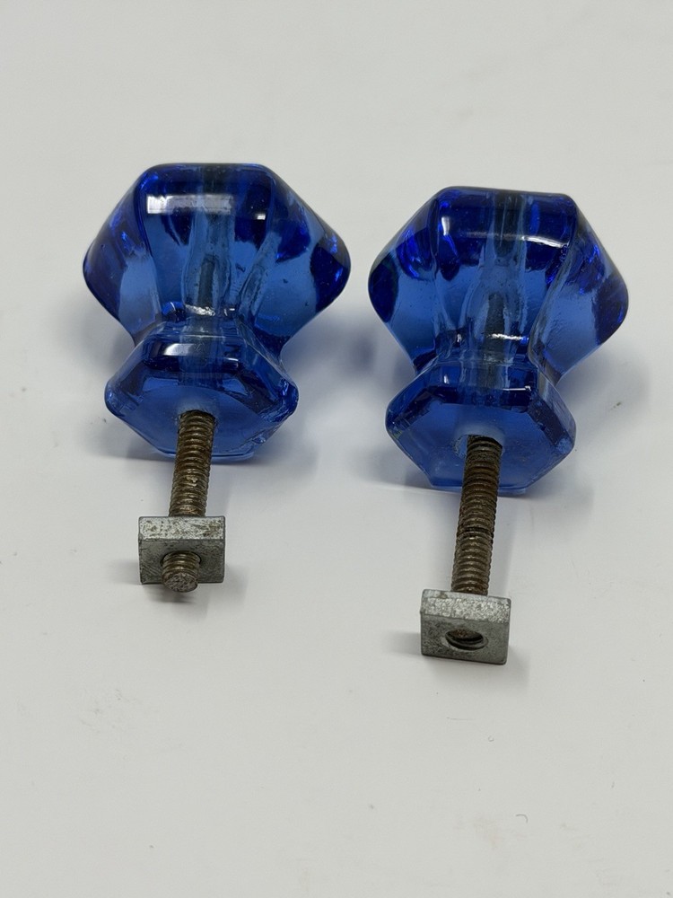 Antique Hexagon Blue Cobalt Glass Cabinet Knobs