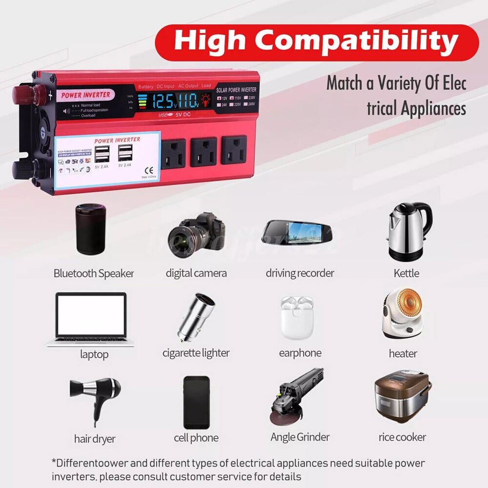 Car Power Inverter 5000W DC 12V To AC 110V Pure Sine Wave Solar Converter 4 USB