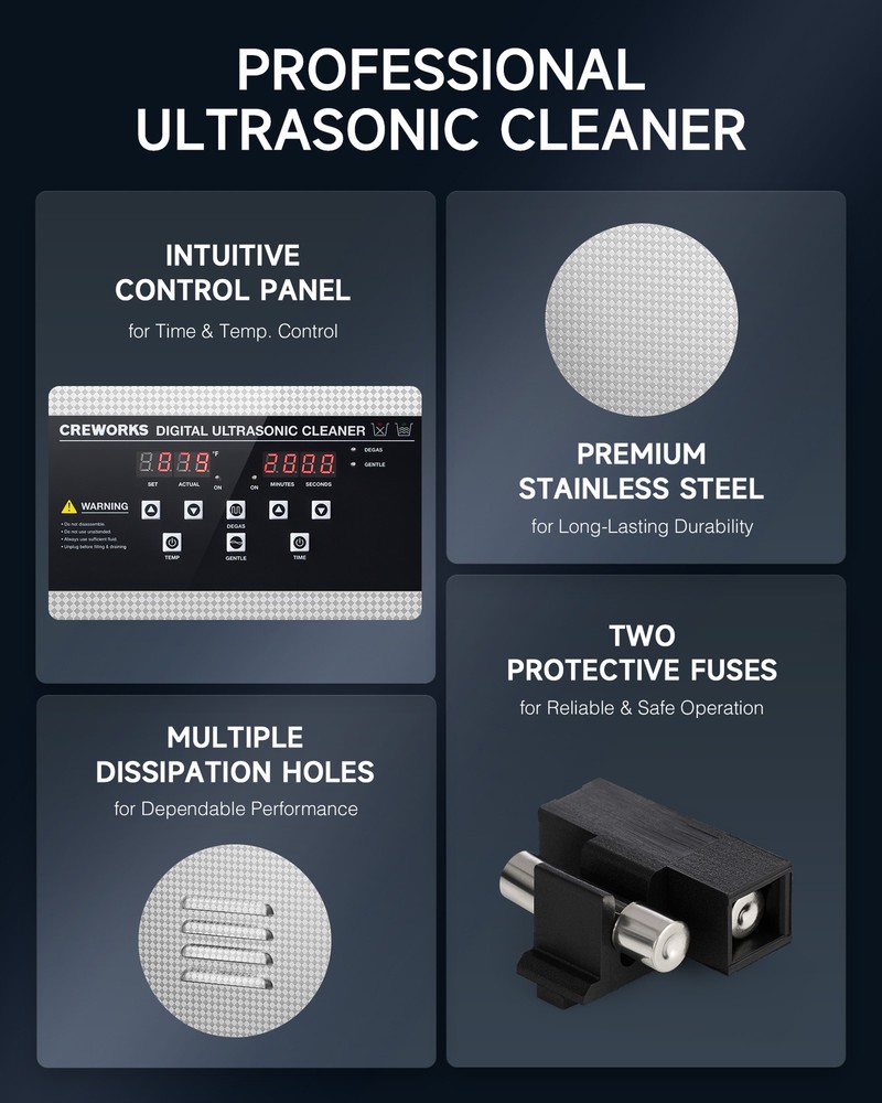 CREWORKS 15L Ultrasonic Cleaner with Control Panel 1-30 min. Timer & Degas Mode