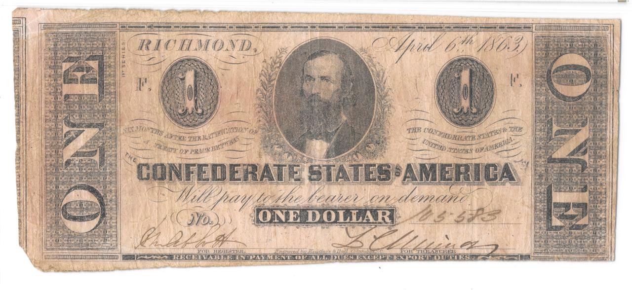 T-62 1863 $1 Confederate States Note Civil War Money PF-1 PMG VF 20 Big Margins