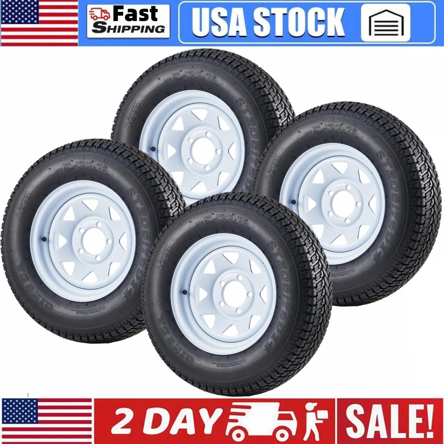 Set Of 4 ST205/75D14 205 75 14 Trailer Tires & Wheels 14" Rims 5 Lug on 4.5" 6PR