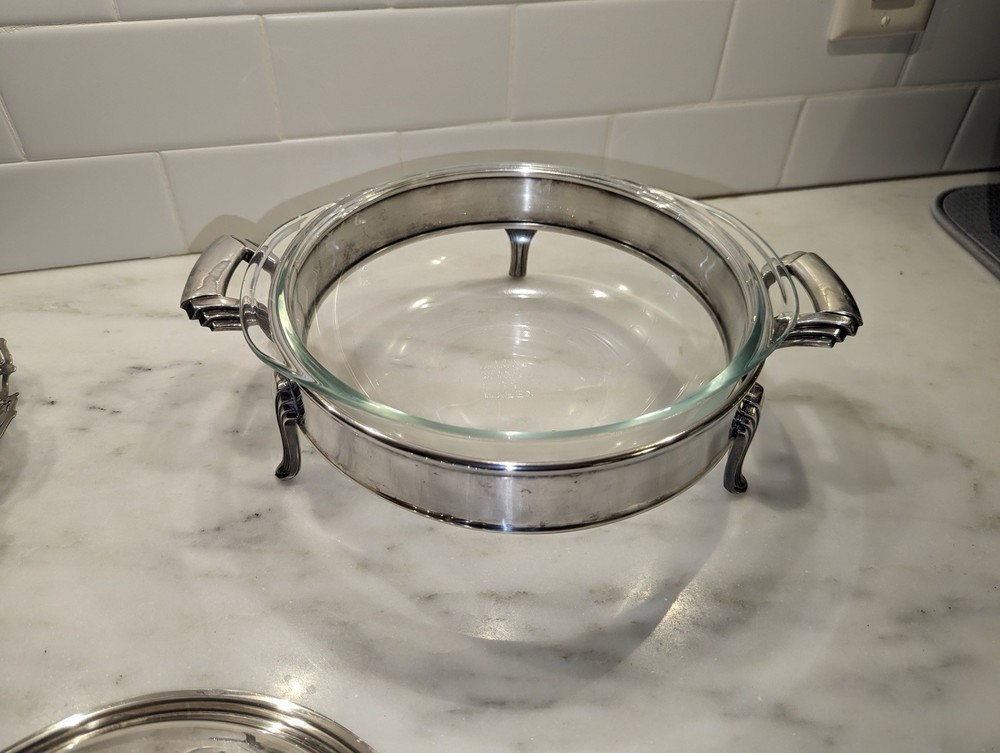 Vintage silver Plate Covered Casserole Dish w Pyrex Insert