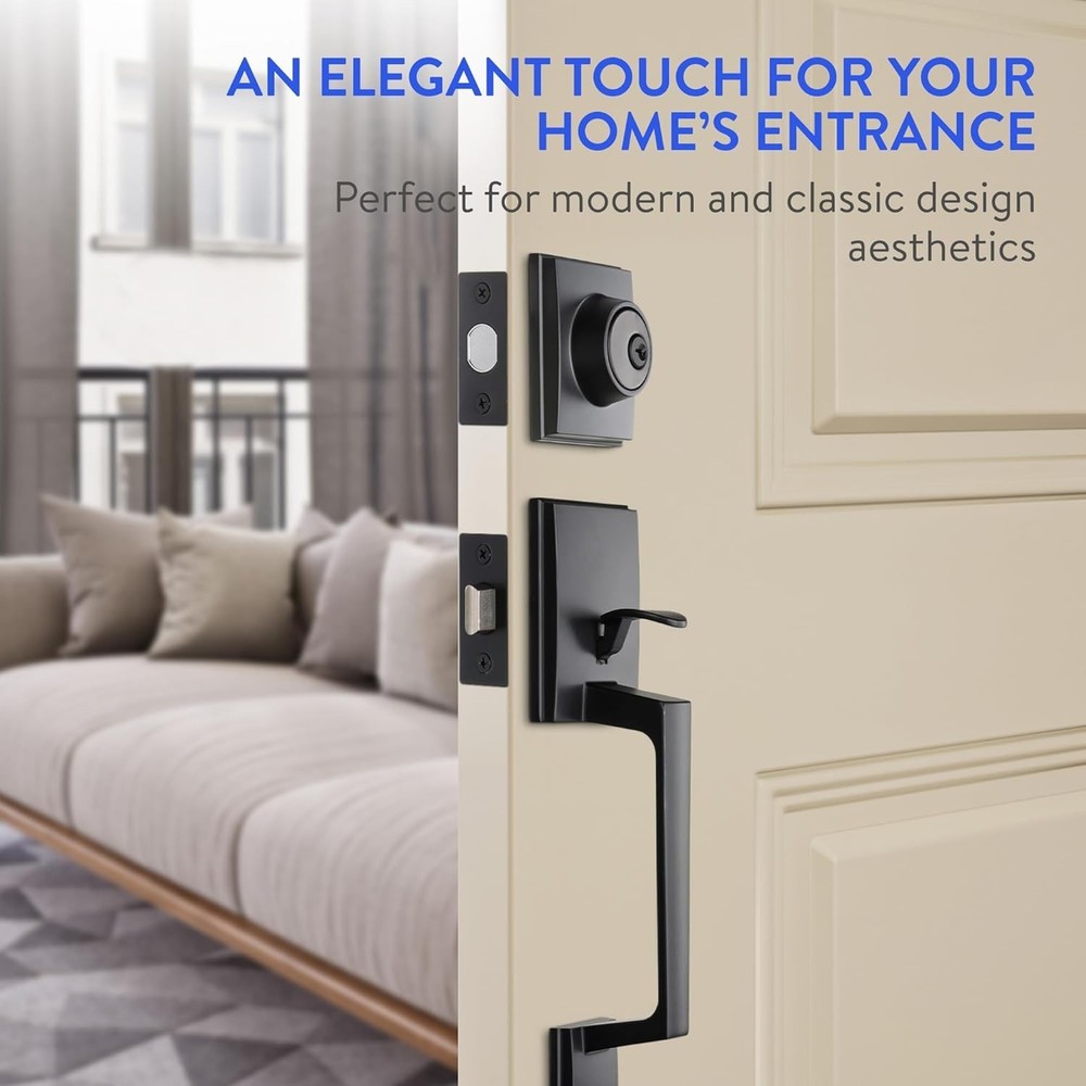 - Front Door Lock and Handle with Deadbolt - Set Includes Installation Template,