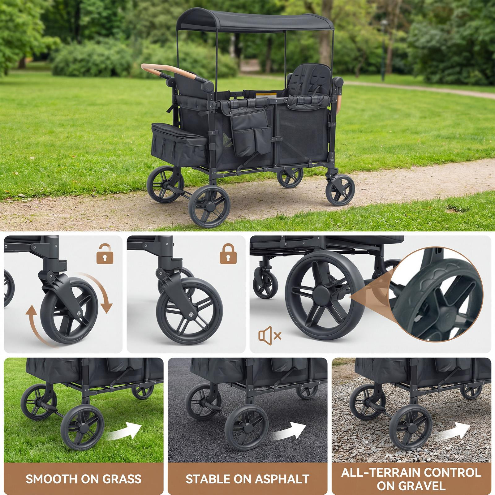 Wagon Stroller w/ Canopy 4 seater Push Pull Quad Collapsible Stroller 330LBS