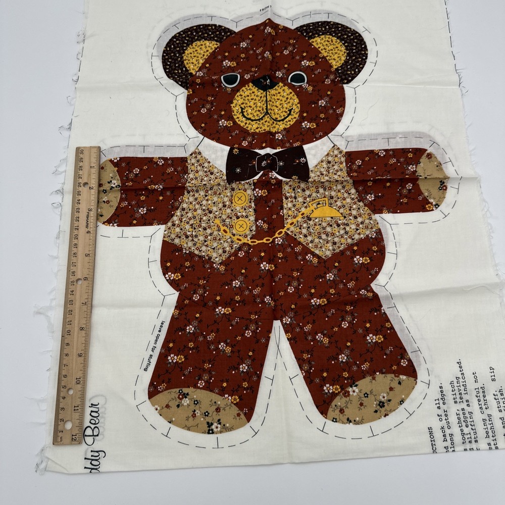 Vintage Calico Teddy Bear Sewing Pattern Panel, Uncut 20”