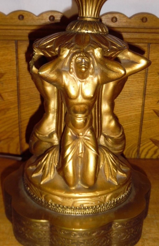 Vintage Neoclassical Flash Ruby Shade Lamp w/ Three Men Base