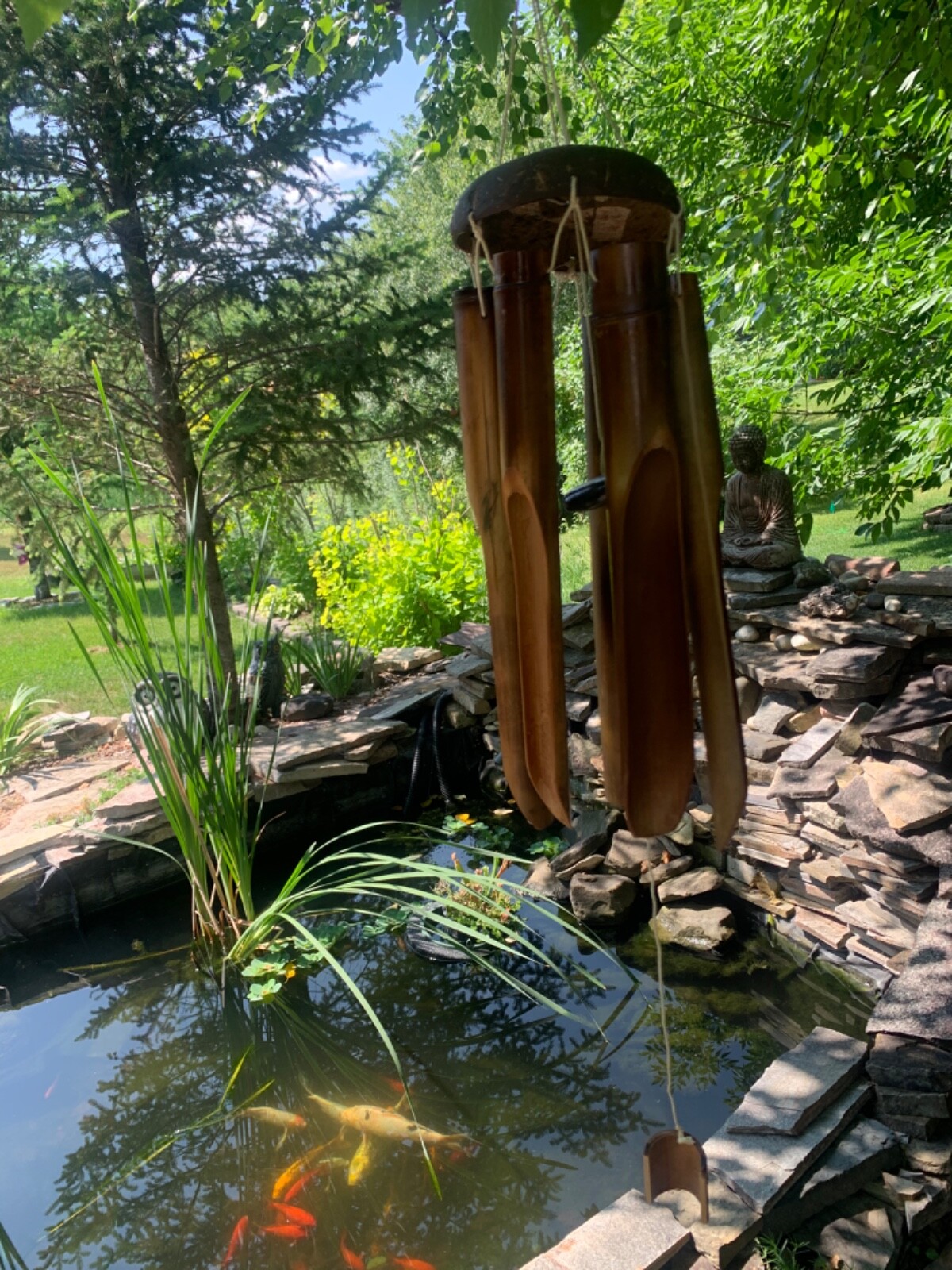 28 inches - Dark Stain with Coconut Top Bamboo Wind Chimes FREE SHIP