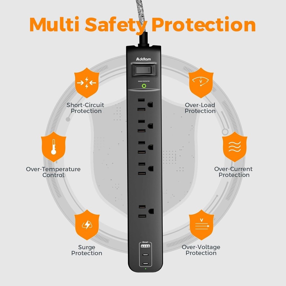 5-Outlet Power Strip Surge Protector with USB Charging